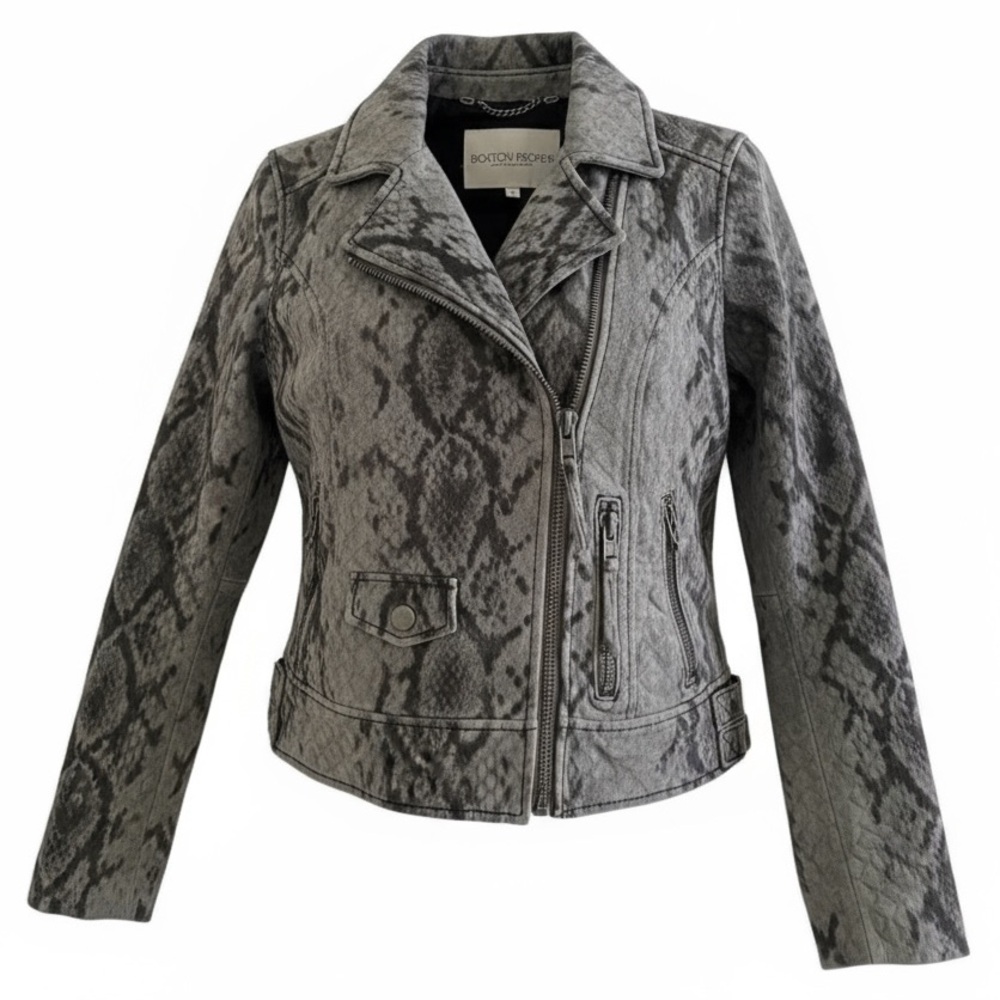 Suede Leather Jacket Sz 6 Grey Snake Moto industrial zip harness buckle waist